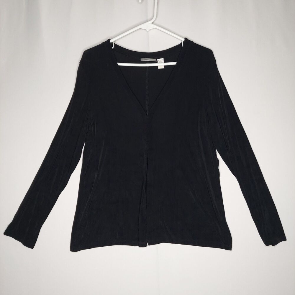 Chicos Slinky Cardigan Womens Large Black Latch Hook V-Neck Long Sleeve